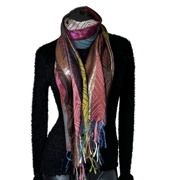 Multi-colored Metallic Scarf Shawl Wrap With Fringe - Picture 1 of 16